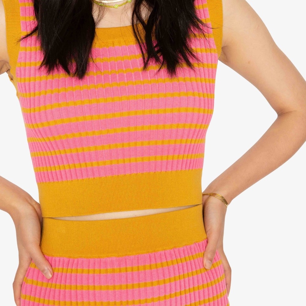 Callahan Chey Tank Pink Mustard Stripe Cotton Ribbed Sleeveless Crop Top